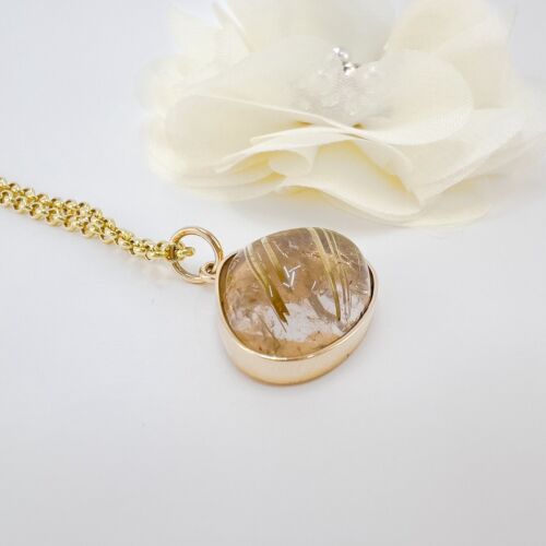 Genuine Rutilated Quartz Solid 14k Yellow Gold Drop Pendant, Newly Handcrafted - Picture 3 of 12