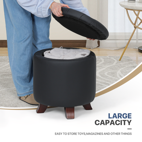 17" Black Round Storage Ottoman Classic PU Leather Lift Top Footstool Wood Legs