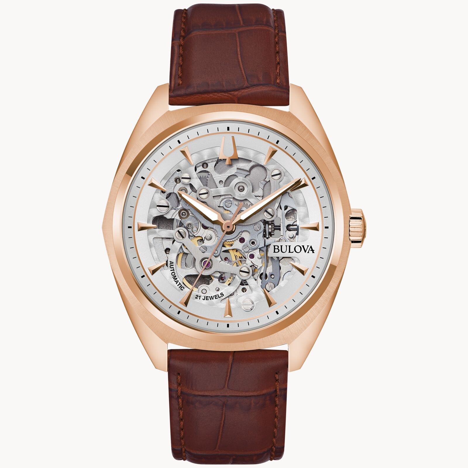 Pre-owned Bulova Surveyor 97a175 Skeleton Automatic Rose Gold Band 41mm Watch