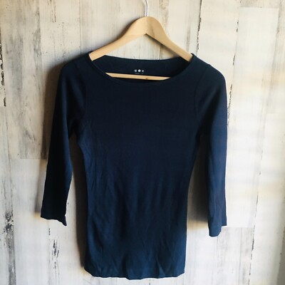 NWOT $66 Three Dots Waffle Knit Tee Navy Blue Boatneck Top 3/4 Sleeve Supima S