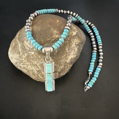 Pre-owned Handmade Blue Kingman Turquoise Inlay Pendant Navajo Sterling Silver Necklace 21” 16930