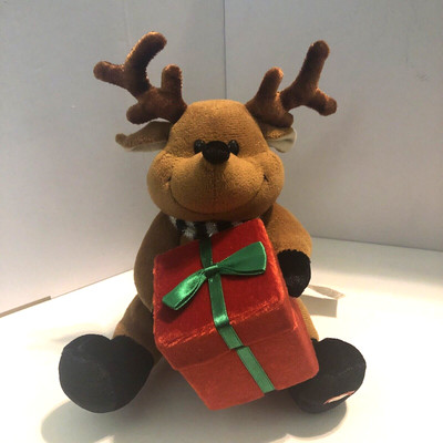Singing Christmas Reindeer Gift Box Gemmy 8'' Sings Deck the Halls Light Up Works