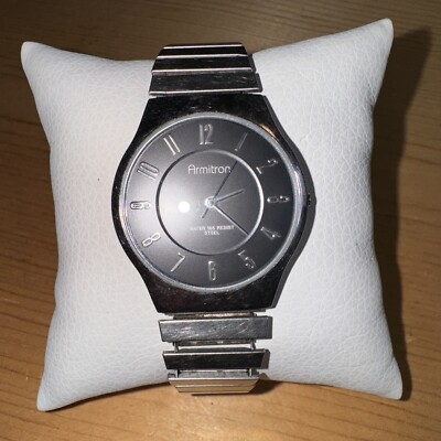 Armitron Steel Watch Unisex 34mm Silver Tone Black Dial Stretch Band New Battery