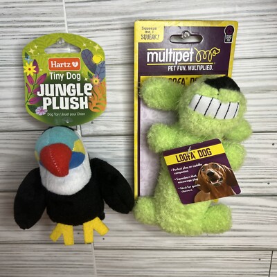 2 Pack Hartz Tiny Dog Jungle Plush Dog Toy & Loofa Dog Green Squeaker Toy