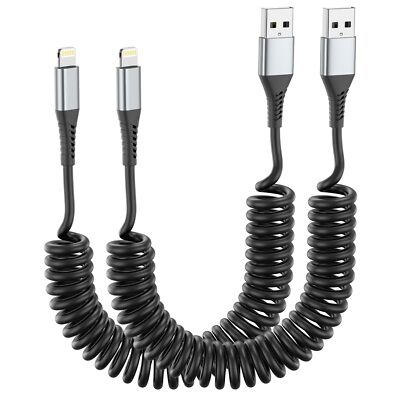 Coiled Lightning Cable for Car, [MFi Certified] Short iPhone Charging Cord 2Pack