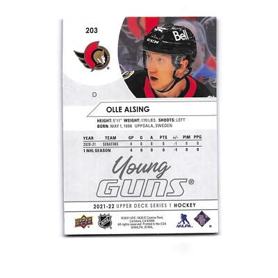2021 Upper Deck Series 1 #203 Olle Alsing RC Young Guns