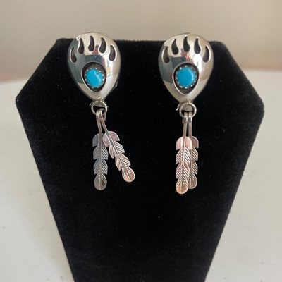 Navajo Sterling Silver & Turquoise Bear Paw with Feathers Post-Back Earrings