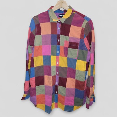 Y2K Shirt Jacket Quilted Multicolor Plaid Square Patches L 14/16 Retro Casual