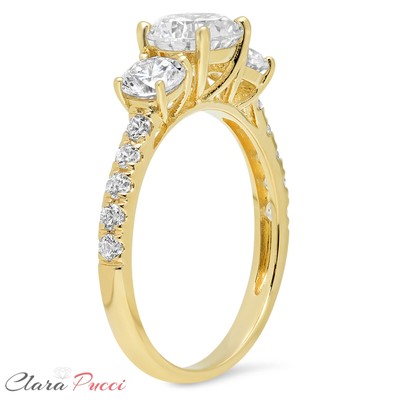 Pre-owned Pucci 2 Ct Round Cut 3 Stone Moissanite Classic Bridal Statement Ring 14k Yellow Gold In White/colorless