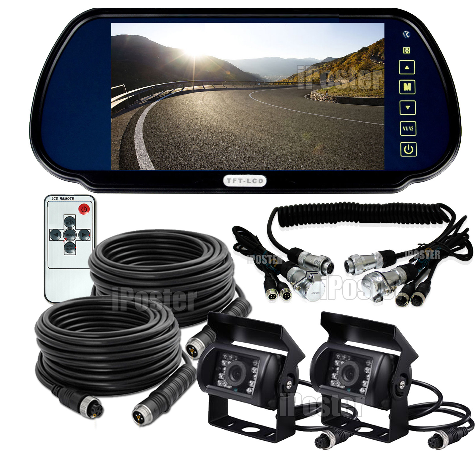 7" Rear view Mirror Monitor+2x Reversing CCD Camera 4Pin Kit Trailer