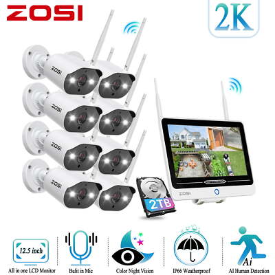 ZOSI 2K 3MP 8CH 12.5'' LCD Monitor Wireless Security wifi IP Camera System Audio