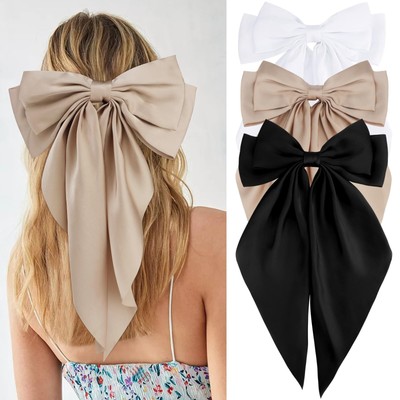 3Pcs Women's Hair Accessories Gifts White Black and Khaki Oversized Satin Hai...