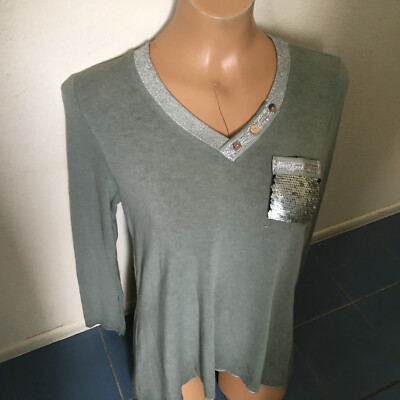 Flora Ashley Green Long Sleeve Knit Pullover Tunic Top Pocket - Womens XS - NEW