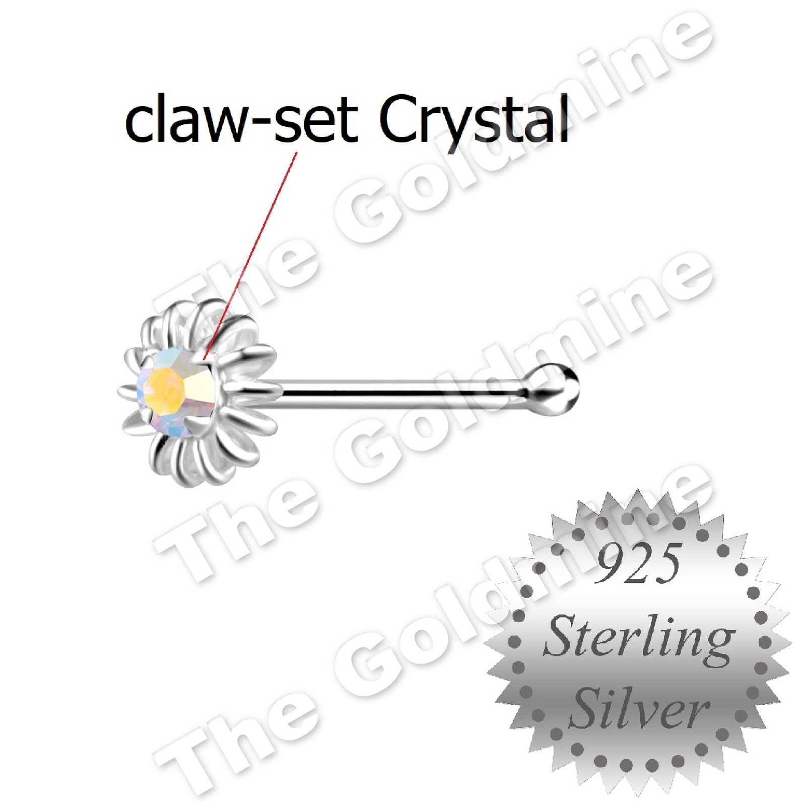 Claw-Set Crystal * AB Colour Flower Nose Stud * short Pin * 925 Sterling Silver