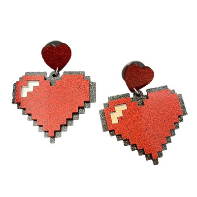 8-Bit Heart Earrings Red Black Pierced Dangle Laser Cut Acrylic Glitter Sparkle
