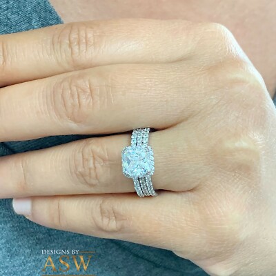 Pre-owned Asw 14k White Solid Gold Cushion Moissanite Diamond Engagement Ring And Bands 3.70ct