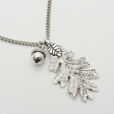 Antique Silver Oak Leaf with Acorn Pendant, Autumn Leaf, Women's, Men's Necklace