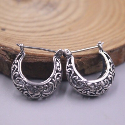 Solid 925 Sterling Silver Hoop Carved Hollow Flower Women Lucky U Shape Earrings