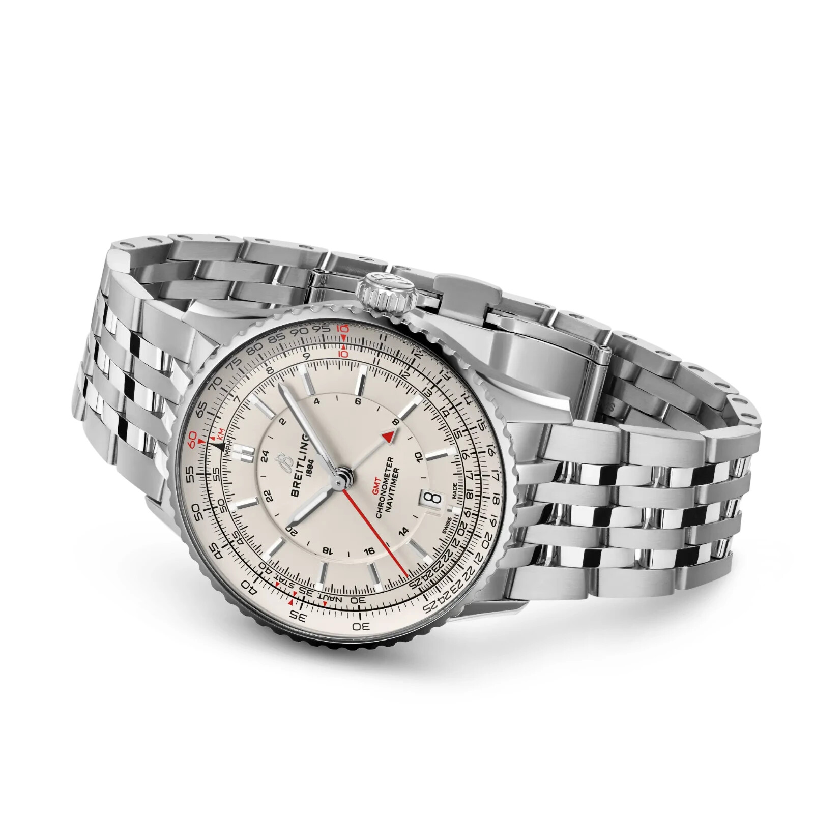 Pre-owned Breitling Navitimer Automatic Gmt 41mm Silver Dial Stainless Steel A32310211g1a1