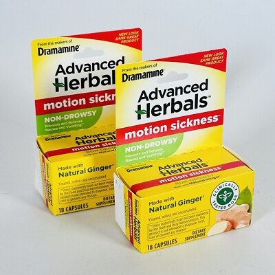2 PACK - Dramamine Non-Drowsy Advanced Herbals Natural Ginger 18 Count Exp 03/26