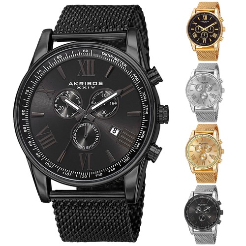 Men'S Akribos Xxiv Ak813 Swiss Chronograph Date Stainless Steel Mesh Watch