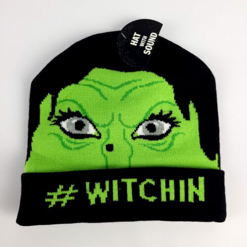 Halloween Hat with Laughter Sounds. Black Beanie Face 