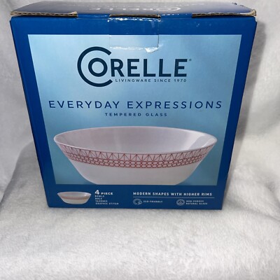 Corelle Everyday Expressions 4 Pk Glass Graphic Cereal/Soup Bowls Red /White NIB