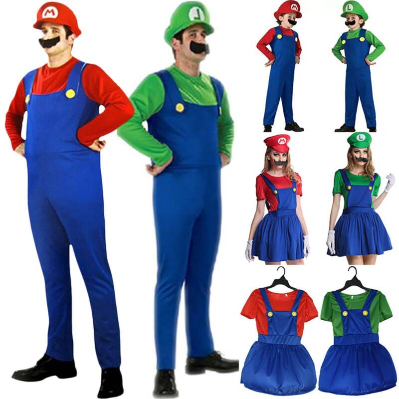 Erwachsene Kinder Super Mario Luigi Overall + Hut + Schnurrbart Cosplay Kos...