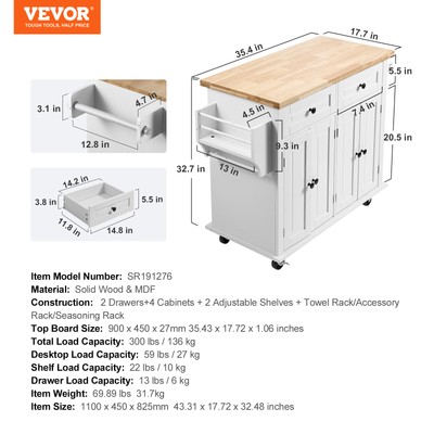 VEVOR 35.4" Kitchen Trolley Island Rolling Storage Cabinet Cart w/ Drawer & Rack