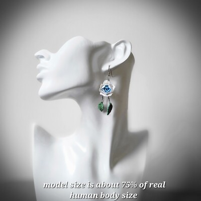 blue rose flower earrings,sterling silver hook,airdry polymer clay,light weight