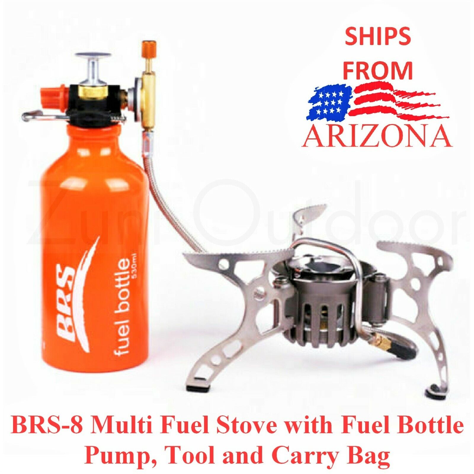 BRS-8 Portable Multi Fuel Gas Folding Camping Stove and Bott