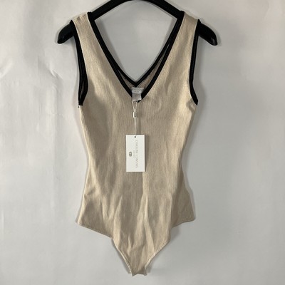 Caroline Constas Rib Knit Stretch Tank Bodysuit Large Minimalist Capsule Neutral