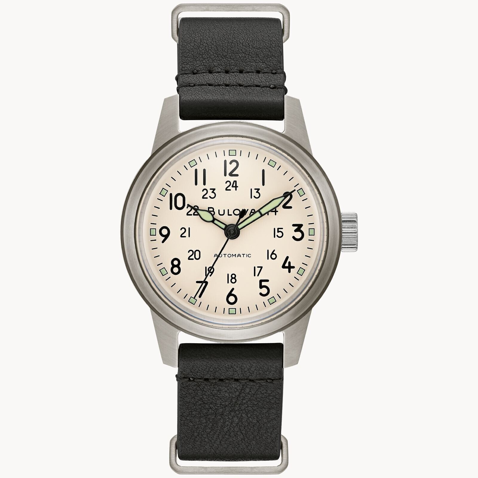 Pre-owned Bulova 96a246 Men's Automatic Hack Watch, Ivory Dial, Black Leather Strap