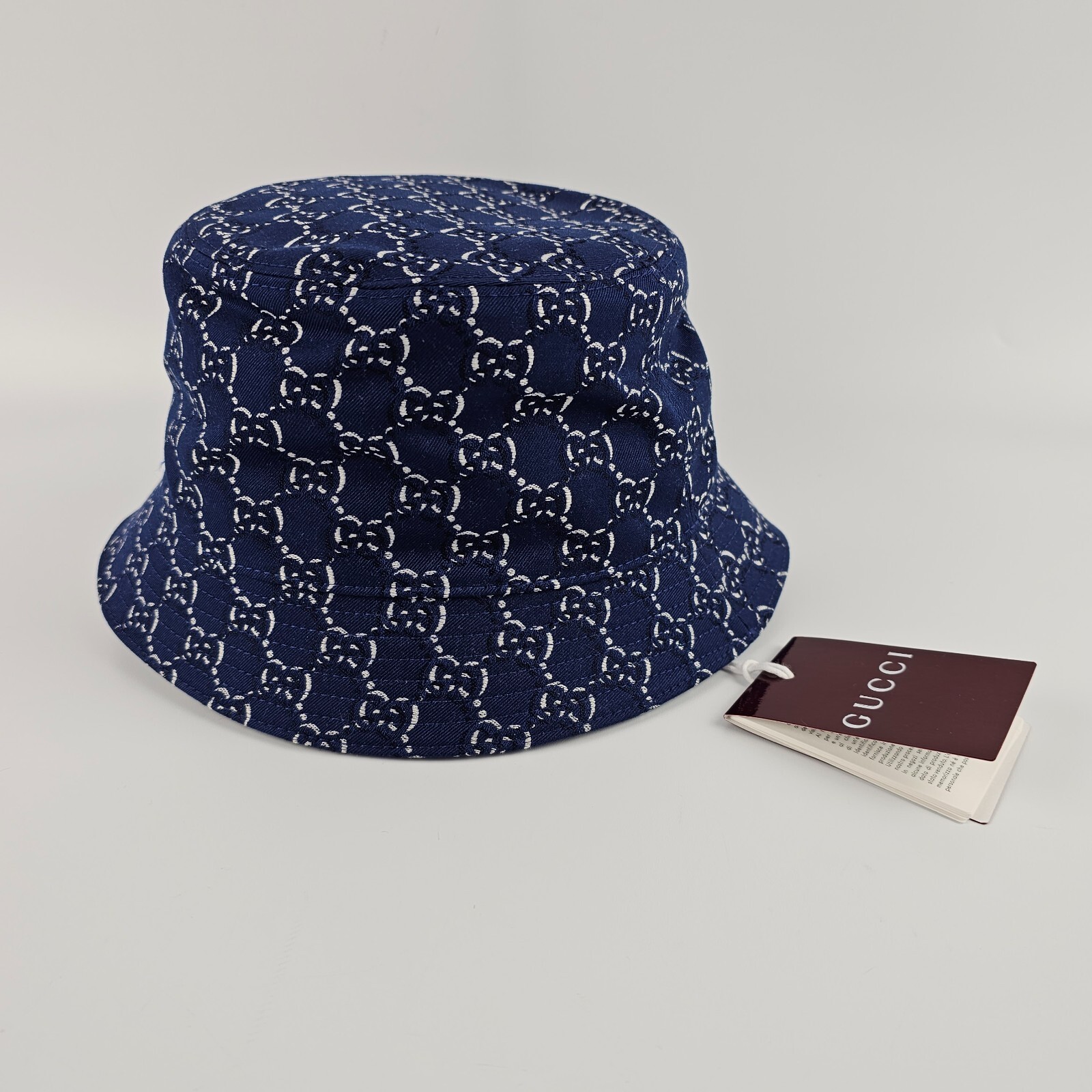 GUCCI $675 Blue Cotton GG Shadow Bucket Hat New And