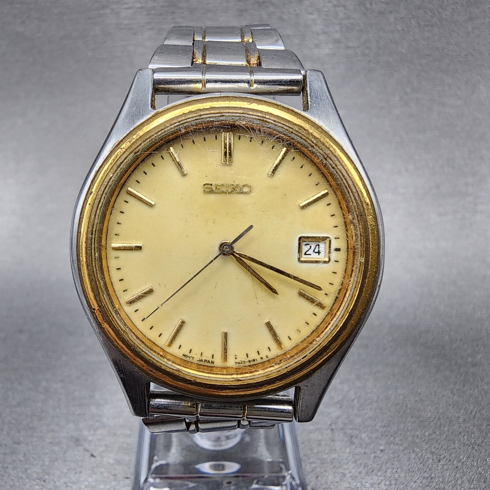 7v7さん専用 Seiko Watch Men 37mm Cream Dial Two Tone Date Round NO CROWN