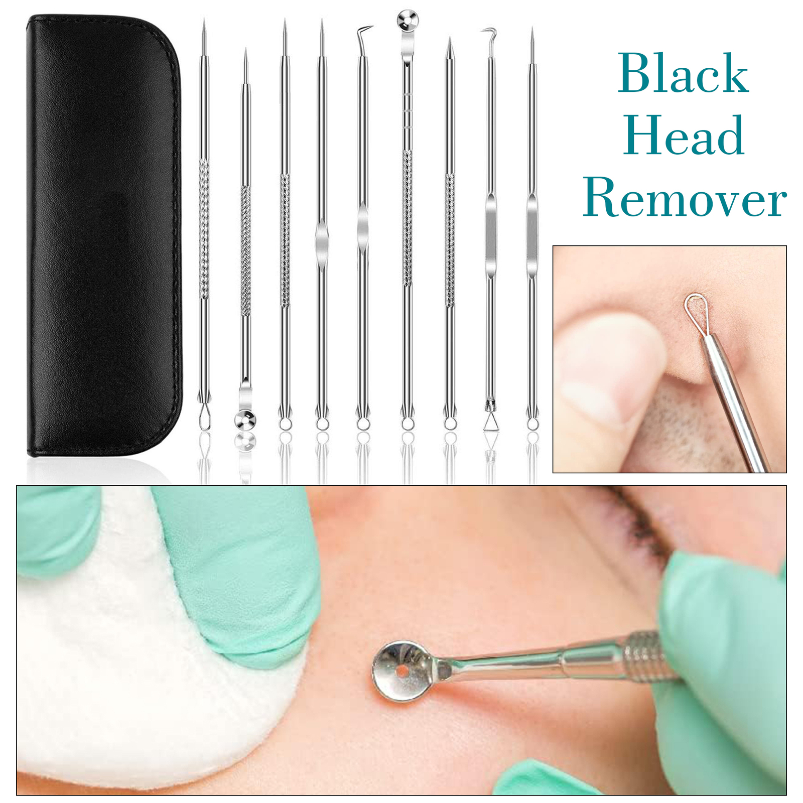 9pcs Blackhead Remover Spot Acne Tool Kit Pimple Popper Comedone Extractor