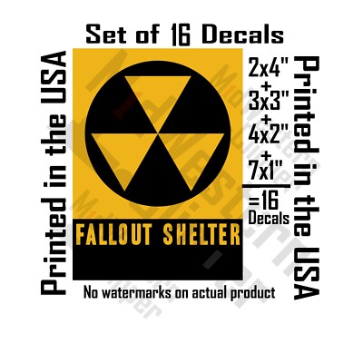 16 Fallout Shelter vinyl stickers. 2x4'', 3x3'', 4x2'', 7x1'' =16 total decals