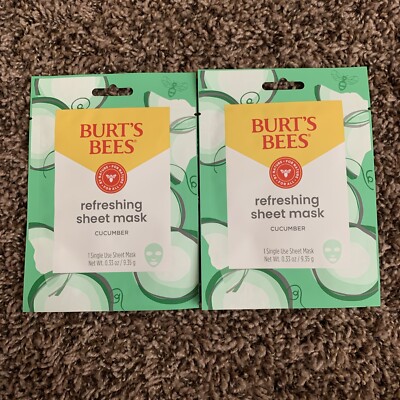 Lot Of 2 BURT'S BEE'S  Refreshing Sheet Mask With Cucumber 0.33 Oz Each New