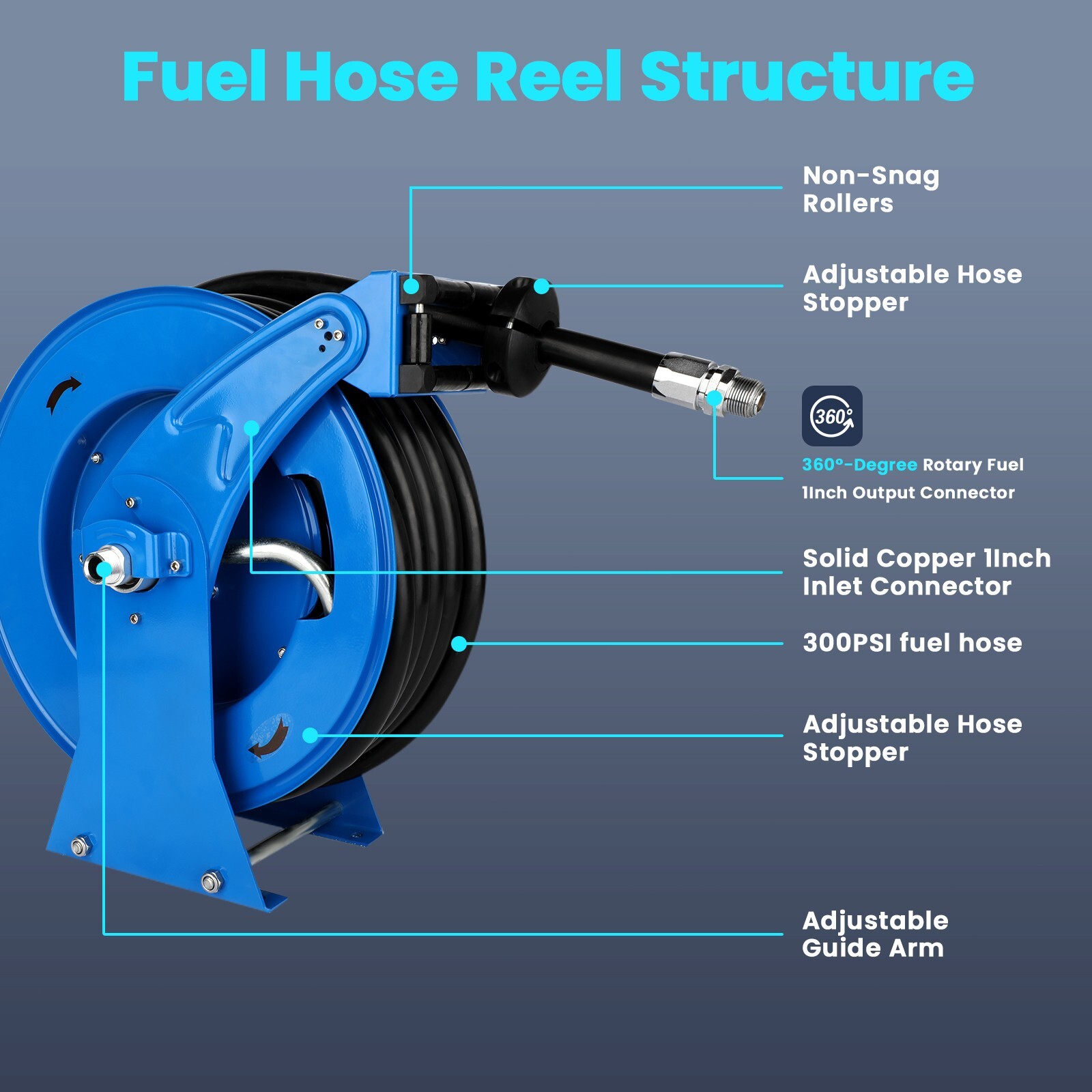 Diesel Fuel Hose Reel Retractable 3/4" x 50' Spring Driven Auto Swivel Rewind