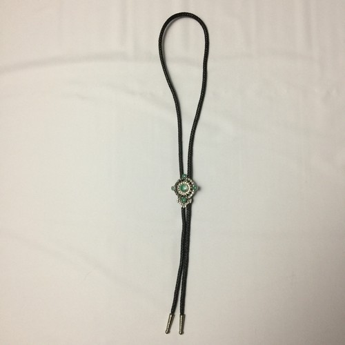 Southwest Bolo Tie Silver Tone Metal & Repro Green Turquoise Black String W/Tips
