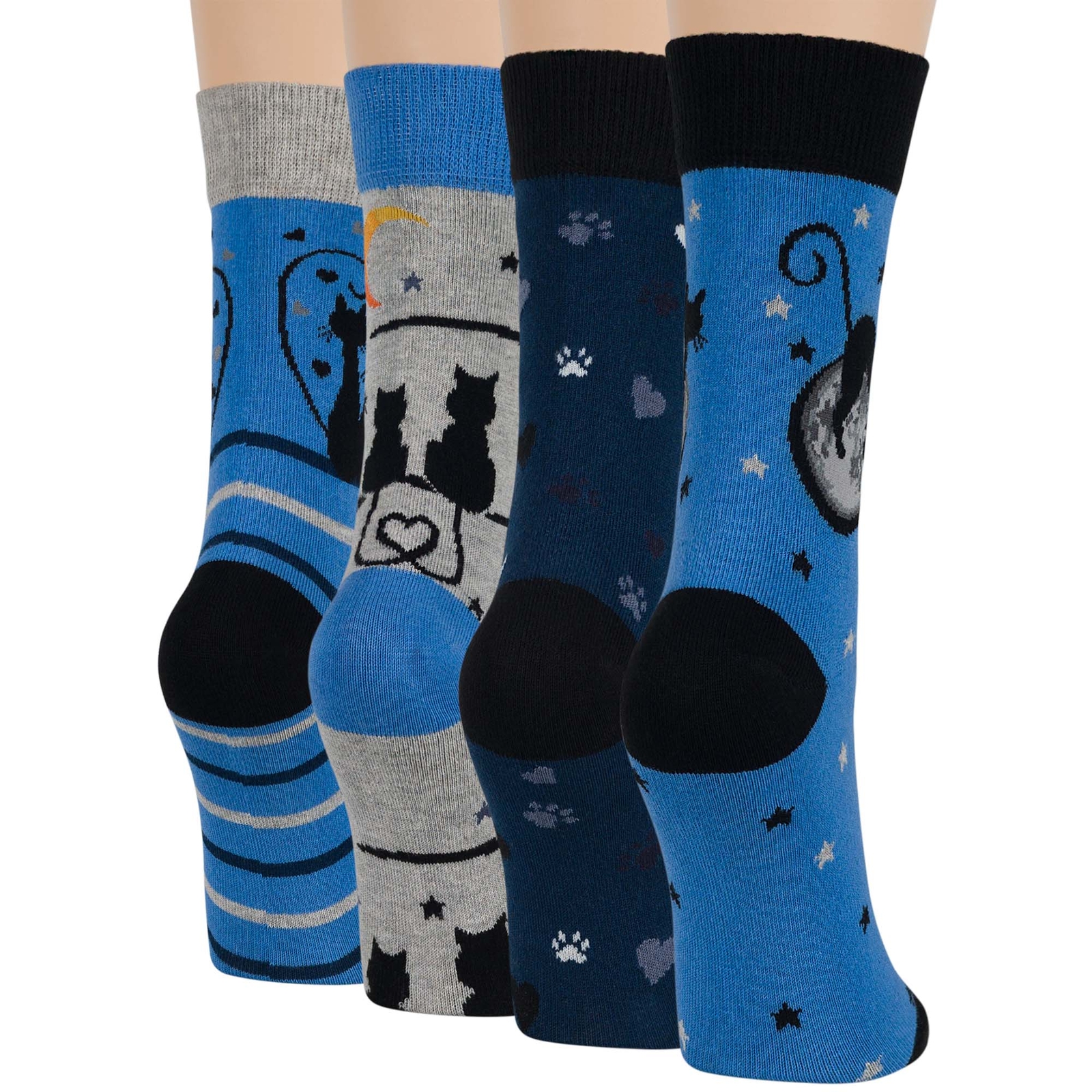 Women Cotton Crew Socks-4 Pack Medium- Cat Love Heart Moon-Navy Blue Grey - Picture 11 of 13