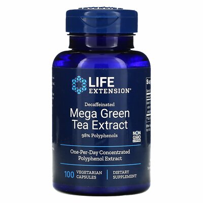 Life Extension Mega Экстракт зеленого чая без кофеина, 100 растительных капсул