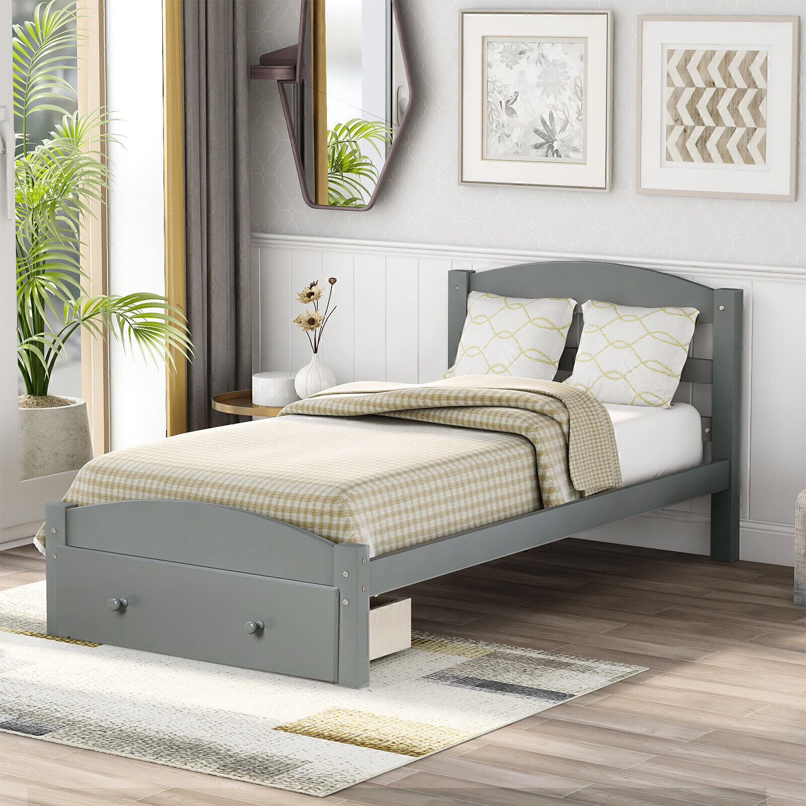 With Storage Drawer And 10 Strong Wood Slats Home Bed