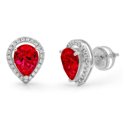 Pre-owned Pucci 2.52ct Pear Round Cut Halo Red Simulated Ruby Stud Earrings Solid 14k White Gold