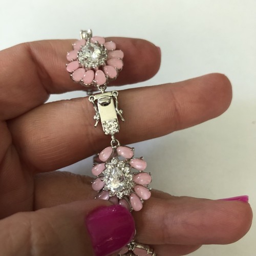 Beautiful Solid Sterling Silver Pink Gem Tennis Bracelet 22g, 7”