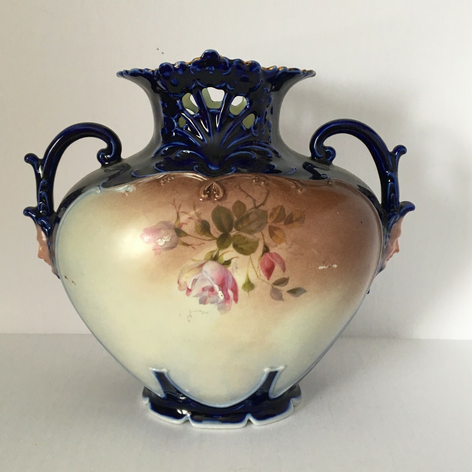 Vintage Large Reticulated Porcelain Vase with Face Handles