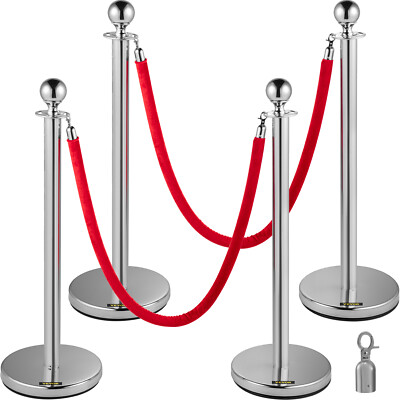 VEVOR 4PCS Stanchion Posts Queue Barrier Red Velvet Ropes Crowd Control Silver