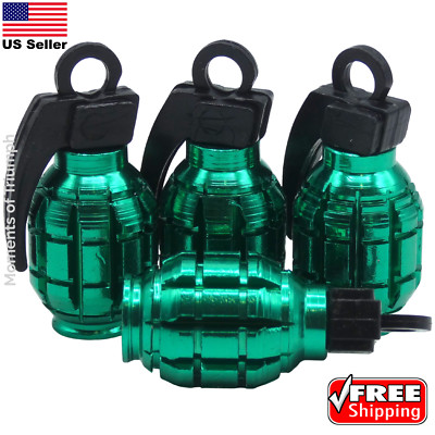 4x Grenade Tire Valve Stem Caps Universal Standard Fitting Car Truck (Green)