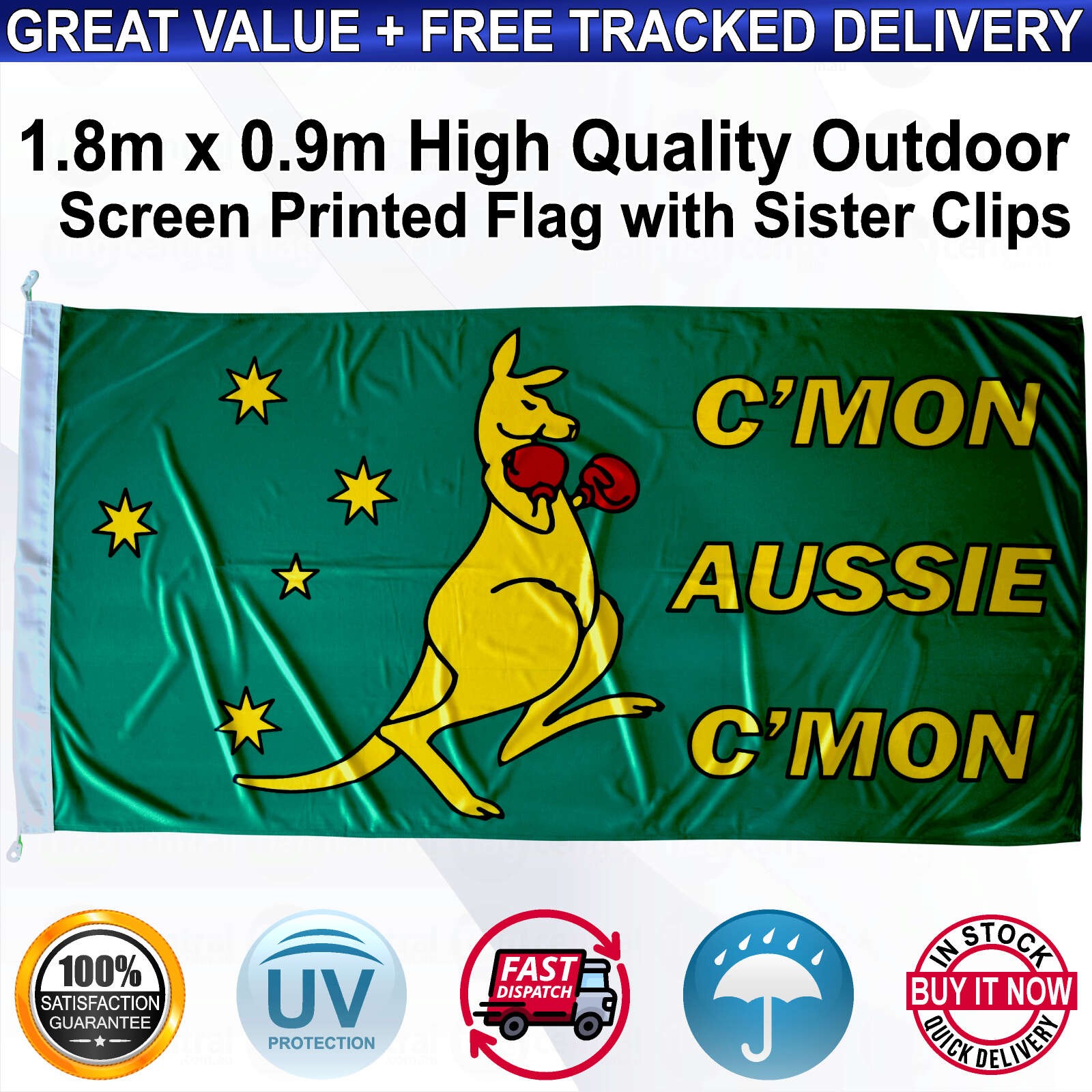 C'MON AUSSIE C'MON + Boxing Kangaroo + Southern Cross (C'MON Green) - 1.8 x 0.9m High-Quality Screen-Printed Flag