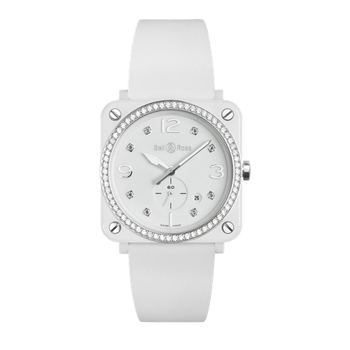 Pre-owned Bell & Ross Br S White Ceramic Diamonds Quartz Watch Brs-wh-ces-lgd/srb